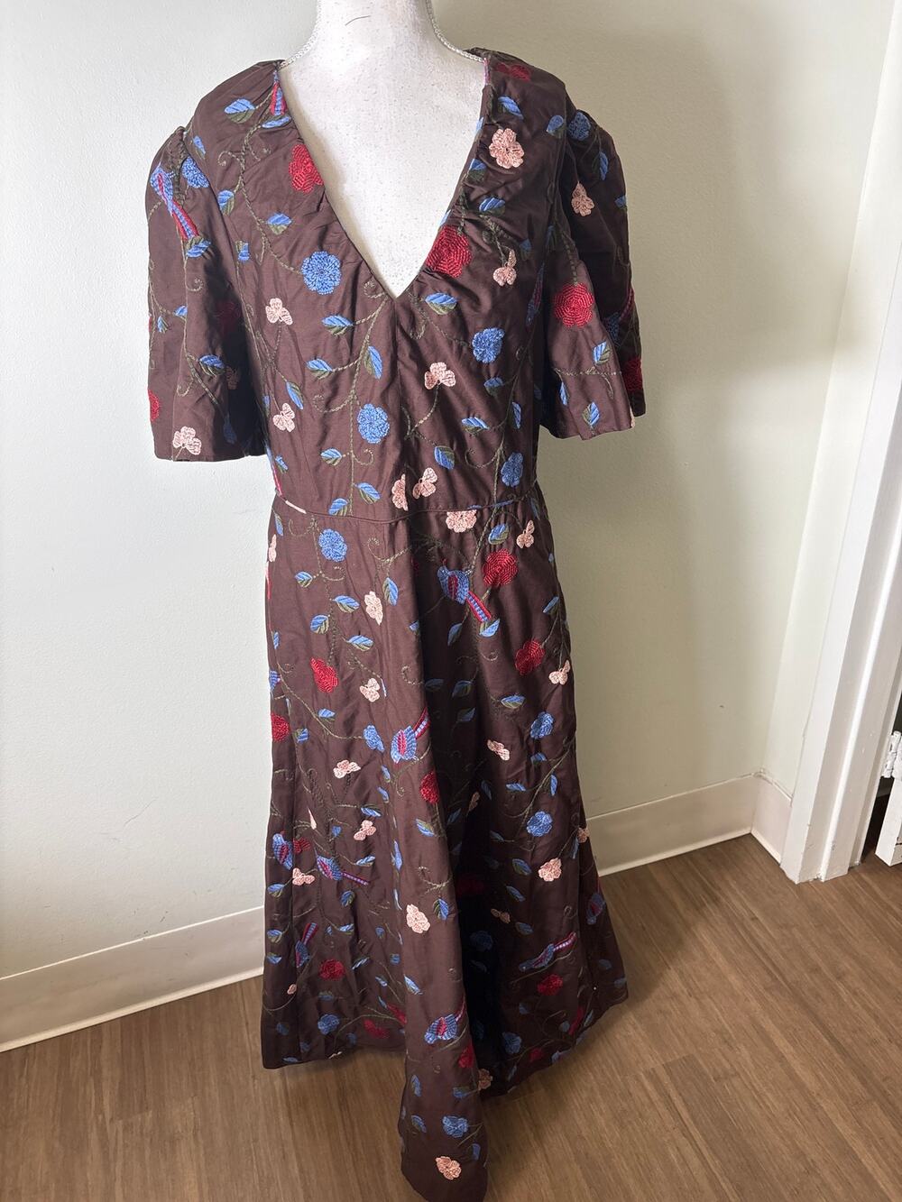 NWT Pearl By Lela Rose Chestnut Multi Color Embroidered Cotton Midi Dress Sz 12